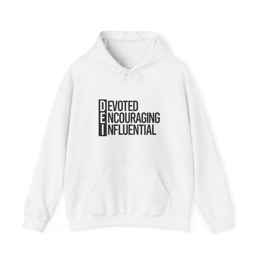 Devoted Encourging Influential | Hooded Sweatshirt, Cozy Unisex Hoodie, Perfect Gift for Graduates, Casual Streetwear, Motivation Apparel